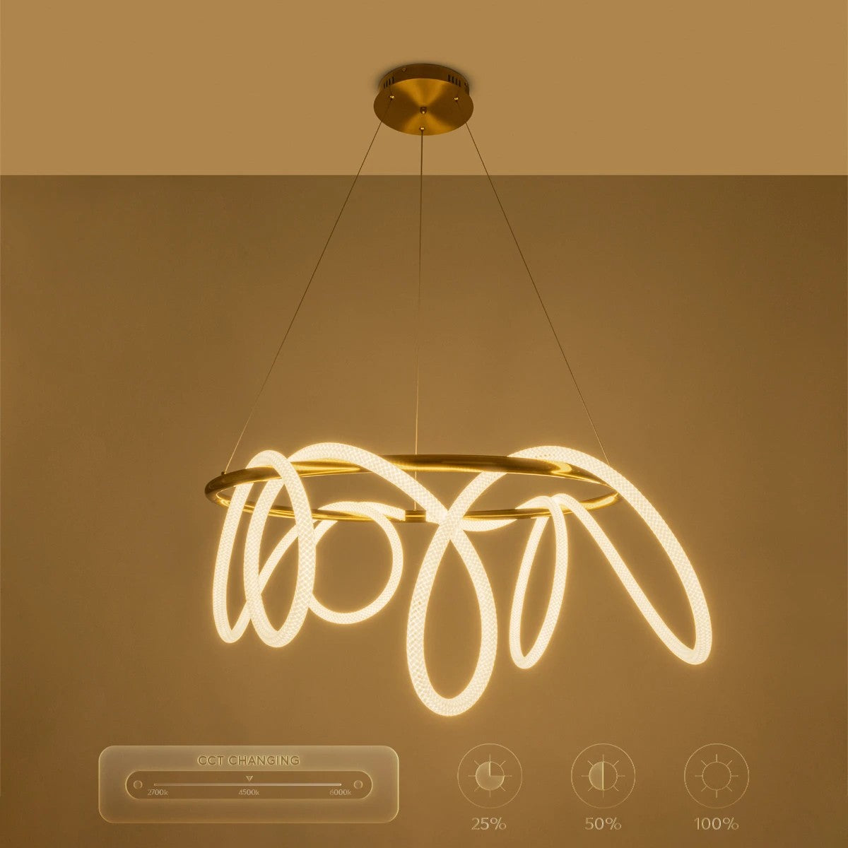 kelvo® GLOW KLV-101-0164 Κρεμαστό Φωτιστικό Οροφής LED 69W 6900lm 360° AC 220-240V IP20 Ρυθμιζόμενο Λευκό CCT με Χειριστήριο από 2700K έως 6000K Dimmable - Lumileds SMD Chip - Χρυσό Πλατίνα - Μ100 x Π100 x Υ40cm - 3 Χρόνια Εγγύηση - ledmania.gr