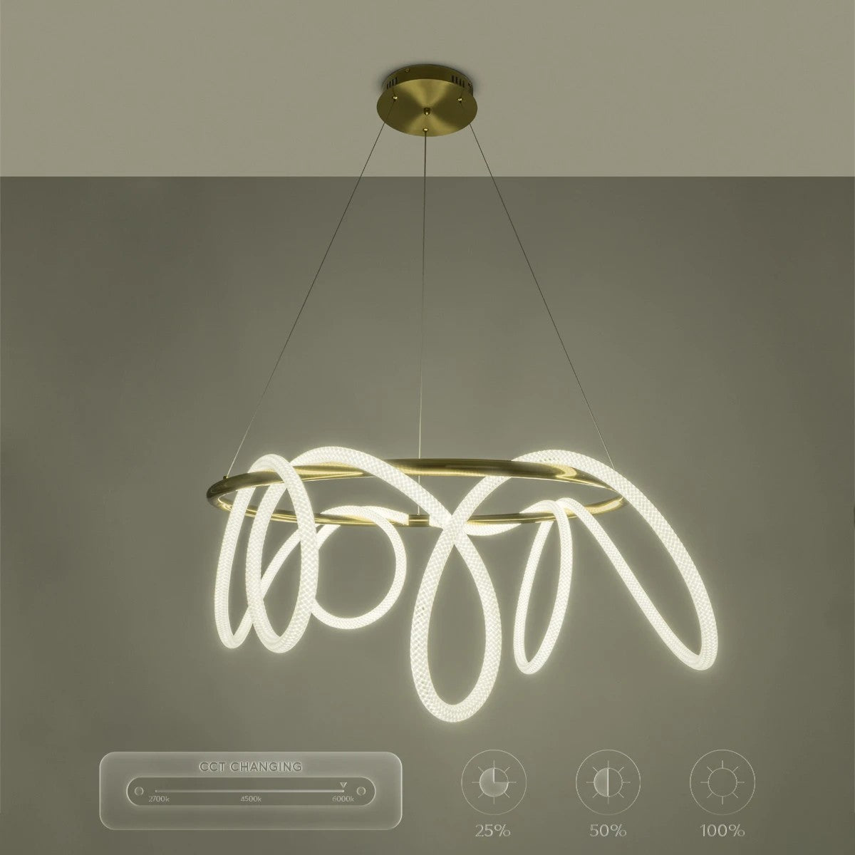 kelvo® GLOW KLV-101-0164 Κρεμαστό Φωτιστικό Οροφής LED 69W 6900lm 360° AC 220-240V IP20 Ρυθμιζόμενο Λευκό CCT με Χειριστήριο από 2700K έως 6000K Dimmable - Lumileds SMD Chip - Χρυσό Πλατίνα - Μ100 x Π100 x Υ40cm - 3 Χρόνια Εγγύηση - ledmania.gr