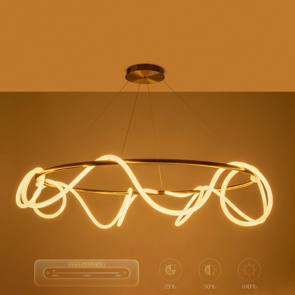 kelvo® GLOW KLV-101-0165 Κρεμαστό Φωτιστικό Οροφής LED 100W 10000lm 360° AC 220-240V IP20 Ρυθμιζόμενο Λευκό CCT με Χειριστήριο από 2700K έως 6000K Dimmable - Lumileds SMD Chip - Χρυσό Πλατίνα - Μ150 x Π150 x Υ100cm - 3 Χρόνια Εγγύηση - ledmania.gr