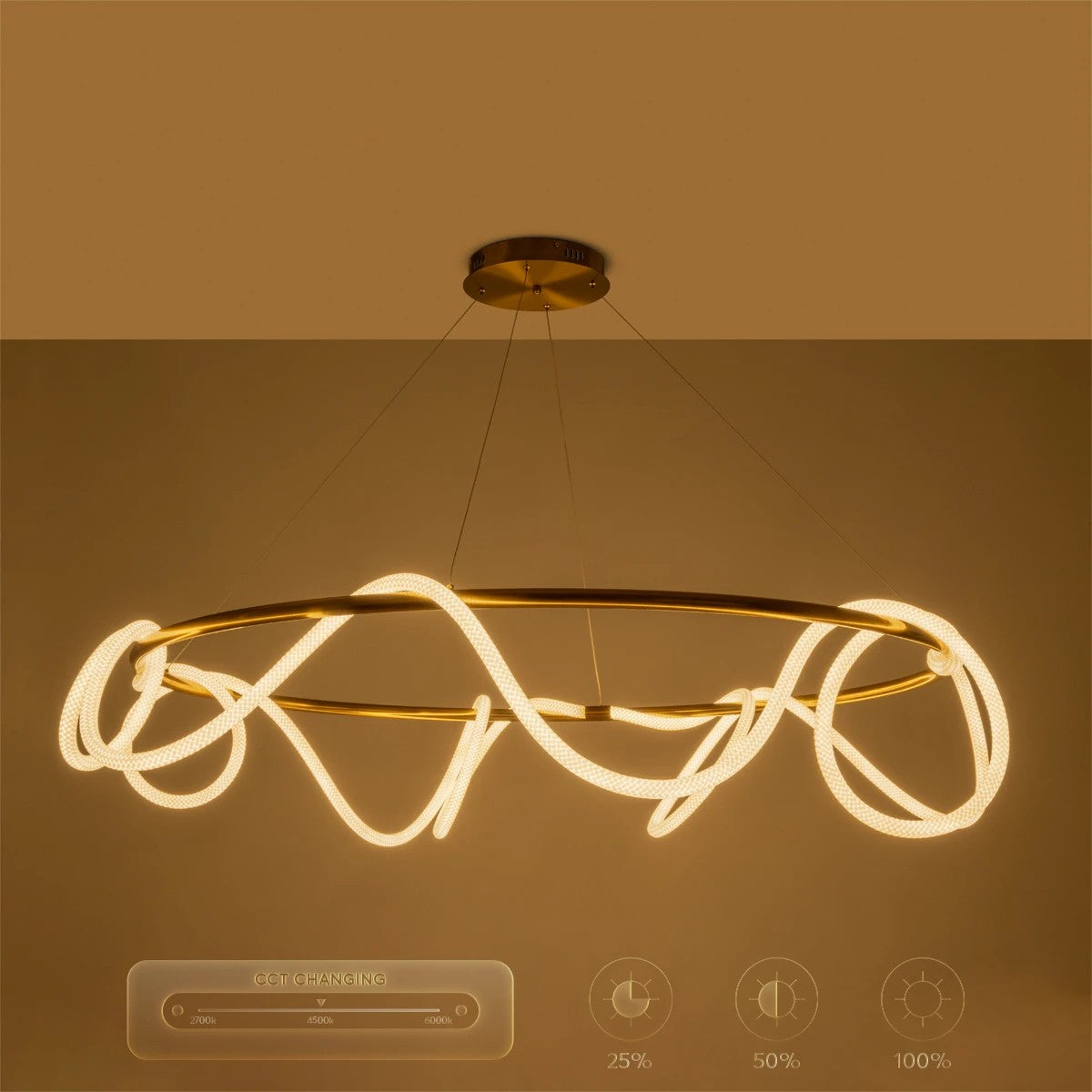kelvo® GLOW KLV-101-0165 Κρεμαστό Φωτιστικό Οροφής LED 100W 10000lm 360° AC 220-240V IP20 Ρυθμιζόμενο Λευκό CCT με Χειριστήριο από 2700K έως 6000K Dimmable - Lumileds SMD Chip - Χρυσό Πλατίνα - Μ150 x Π150 x Υ100cm - 3 Χρόνια Εγγύηση - ledmania.gr