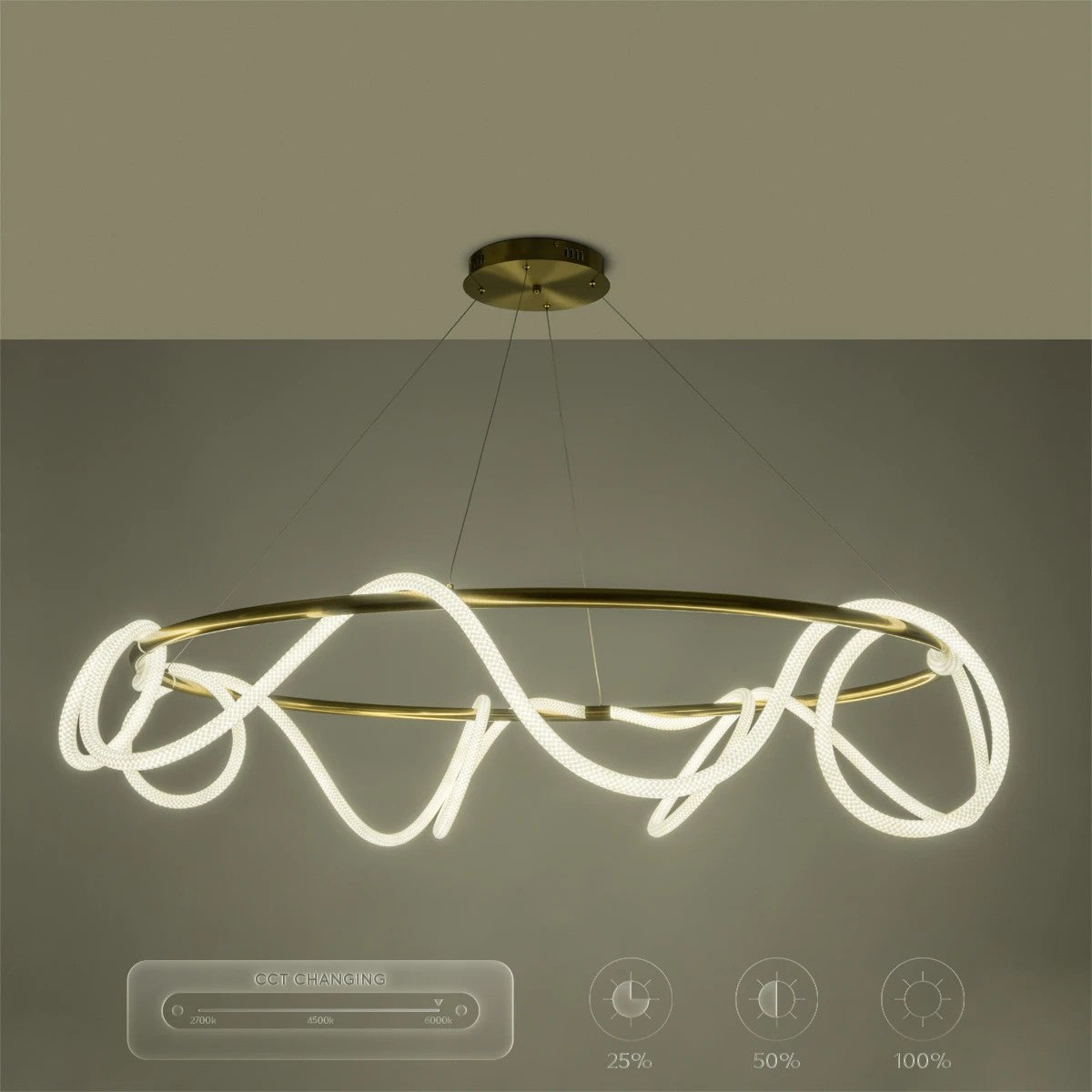 kelvo® GLOW KLV-101-0165 Κρεμαστό Φωτιστικό Οροφής LED 100W 10000lm 360° AC 220-240V IP20 Ρυθμιζόμενο Λευκό CCT με Χειριστήριο από 2700K έως 6000K Dimmable - Lumileds SMD Chip - Χρυσό Πλατίνα - Μ150 x Π150 x Υ100cm - 3 Χρόνια Εγγύηση - ledmania.gr