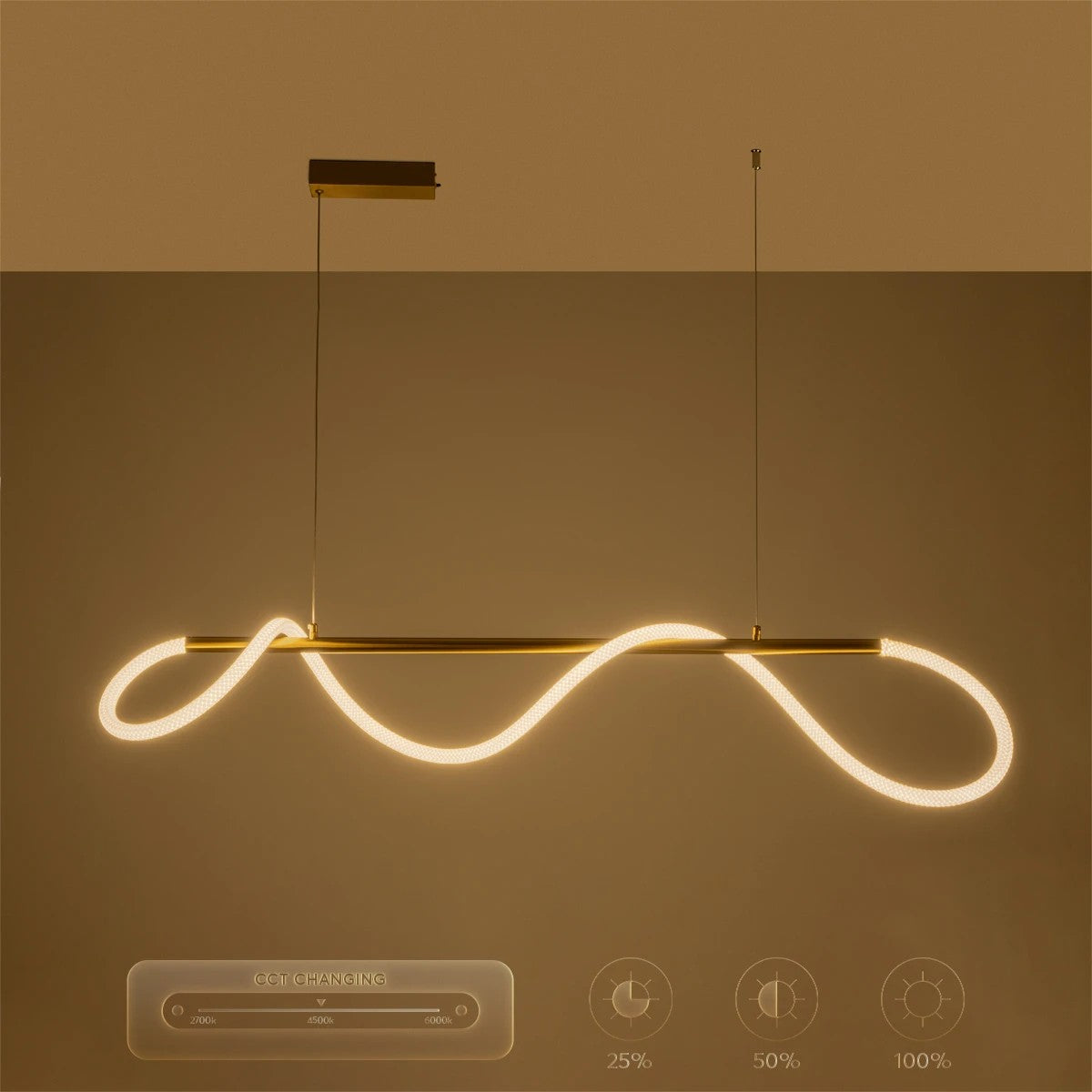 kelvo® GLOW KLV-101-0166 Κρεμαστό Φωτιστικό Οροφής LED 34W 3400lm 360° AC 220-240V IP20 Ρυθμιζόμενο Λευκό CCT με Χειριστήριο από 2700K έως 6000K Dimmable - Lumileds SMD Chip - Χρυσό Πλατίνα - Μ140 x Π40 x Υ30cm - 3 Χρόνια Εγγύηση - ledmania.gr