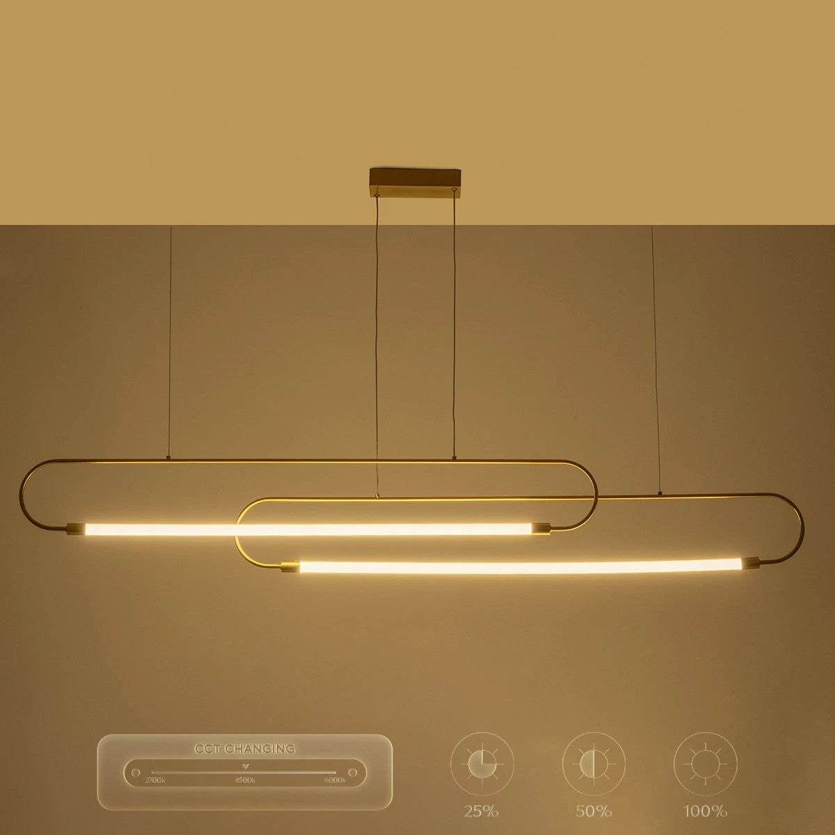 kelvo® GLOW KLV-101-0178 Κρεμαστό Φωτιστικό Οροφής LED 28W 2800lm 360° AC 220-240V IP20 Ρυθμιζόμενο Λευκό CCT με Χειριστήριο από 2700K έως 6000K Dimmable - Lumileds SMD Chip - Χρυσό Πλατίνα - Μ167 x Π7 x Υ24cm - 3 Χρόνια Εγγύηση - ledmania.gr