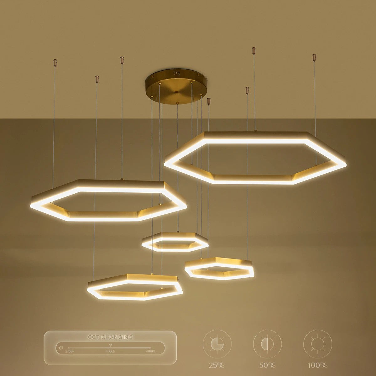 kelvo® LEXAGON KLV-101-0180 Κρεμαστό Φωτιστικό Οροφής LED 120W 12000lm 200° AC 220-240V IP20 Ρυθμιζόμενο Λευκό CCT με Χειριστήριο από 2700K έως 6000K Dimmable - Lumileds SMD Chip - Χρυσό Πλατίνα - Μ110 x Π90 x Υ110cm - 3 Χρόνια Εγγύηση - ledmania.gr