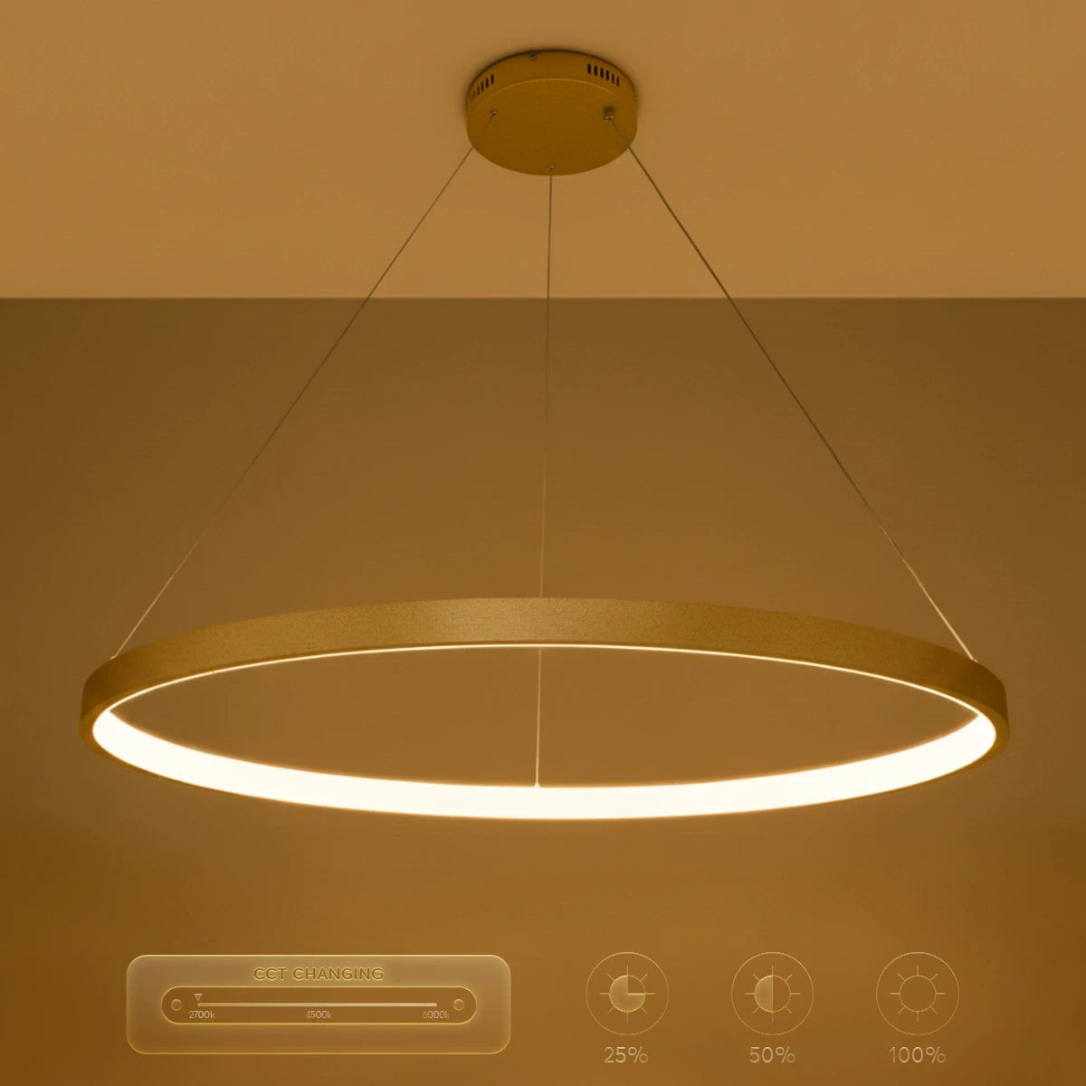 kelvo® NEMESIS KLV-101-0216 Κρεμαστό Φωτιστικό Οροφής LED 75W 7500lm 180° AC 220-240V IP20 Ρυθμιζόμενο Λευκό CCT με Χειριστήριο από 2700K έως 6000K Dimmable - Lumileds SMD Chip - Χρυσό Πλατίνα - Μ100 x Π100 x Υ4cm - 3 Χρόνια Εγγύηση - ledmania.gr