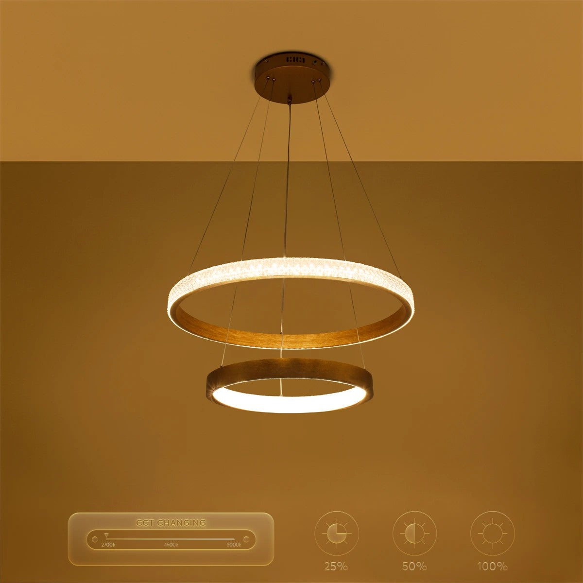 kelvo® DIAMOND KLV-101-0236 Κρεμαστό Φωτιστικό Οροφής LED 75W 7500lm 360° AC 220-240V IP20 Ρυθμιζόμενο Λευκό CCT με Χειριστήριο από 2700K έως 6000K Dimmable - Lumileds SMD Chip - Χρυσό Πλατίνα - Μ60 x Π60 x Υ40cm - 3 Χρόνια Εγγύηση