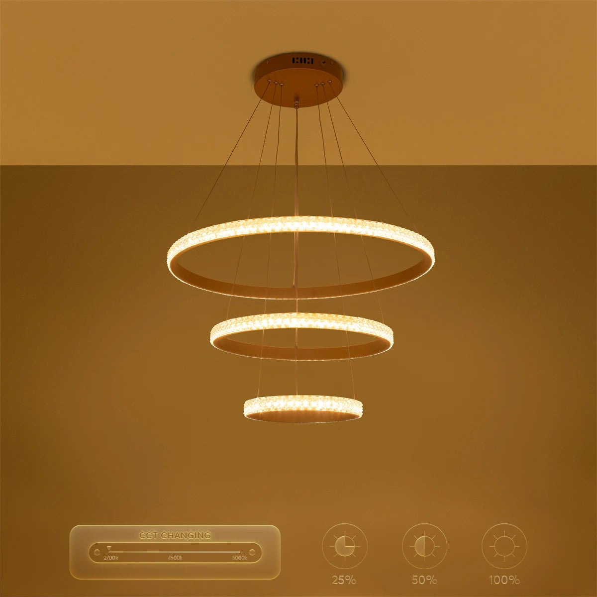 kelvo® DIAMOND KLV-101-0238 Κρεμαστό Φωτιστικό Οροφής LED 100W 10000lm 180° AC 220-240V IP20 Ρυθμιζόμενο Λευκό CCT με Χειριστήριο από 2700K έως 6000K Dimmable - Lumileds SMD Chip - Χρυσό Πλατίνα - Μ60 x Π60 x Υ60cm - 3 Χρόνια Εγγύηση