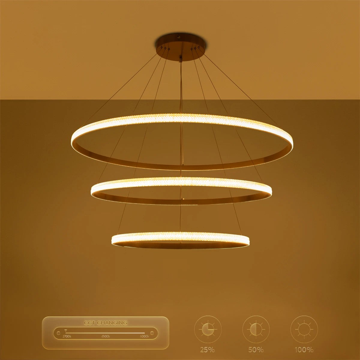 kelvo® DIAMOND KLV-101-0242 Κρεμαστό Φωτιστικό Οροφής LED 150W 15000lm 180° AC 220-240V IP20 Ρυθμιζόμενο Λευκό CCT με Χειριστήριο από 2700K έως 6000K Dimmable - Lumileds SMD Chip - Χρυσό Πλατίνα - Μ100 x Π100 x Υ100cm - 3 Χρόνια Εγγύηση