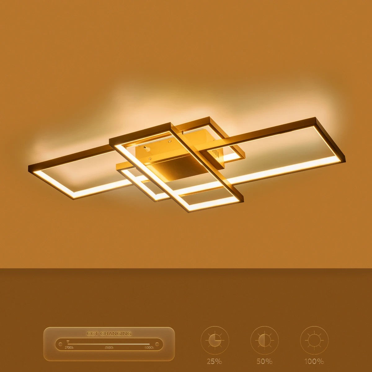 kelvo® QUADRA KLV-101-0295 Φωτιστικό Οροφής LED 100W 10000lm 120° AC 220-240V IP20 Ρυθμιζόμενο Λευκό CCT με Χειριστήριο από 2700K έως 6000K Dimmable - Lumileds SMD Chip - Σαμπανιζέ Χρυσό Ματ - Μ85 x Π45 x Υ9cm - 3 Χρόνια Εγγύηση