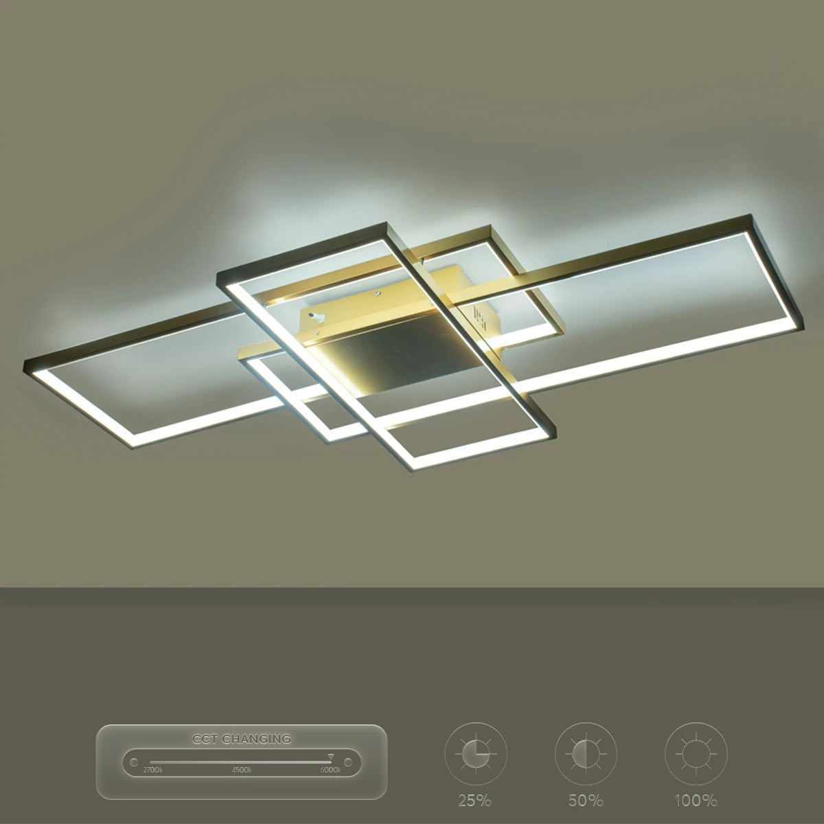 kelvo® QUADRA KLV-101-0298 Φωτιστικό Οροφής LED 120W 12000lm 120° AC 220-240V IP20 Ρυθμιζόμενο Λευκό CCT με Χειριστήριο από 2700K έως 6000K Dimmable - Lumileds SMD Chip - Σαμπανιζέ Χρυσό Ματ - Μ105 x Π60 x Υ9cm - 3 Χρόνια Εγγύηση