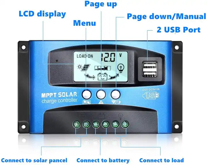 50Α Ρυθμιστής Φόρτισης MPPT Διπλo USB οθόνη LCD 12V 24V ρυθμιστής φορτιστή ηλιακού πάνελ - ledmania.gr