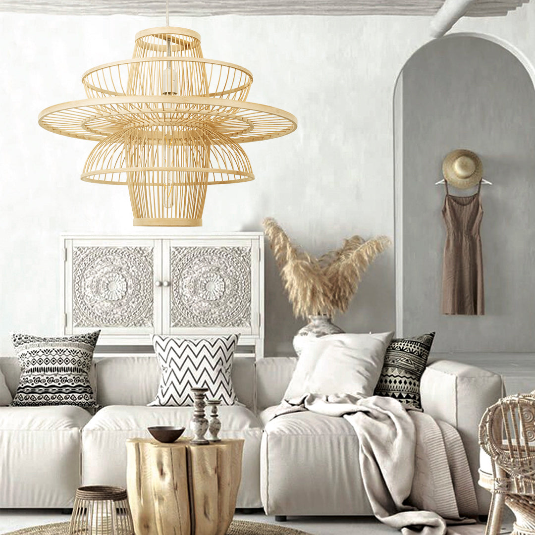 GloboStar® BALI 00862 Boho Κρεμαστό Φωτιστικό Πλέγμα Μονόφωτο 1 x E27 IP20 Μπεζ Ξύλο - Μ60 x Π60 x Υ45cm - ledmania.gr