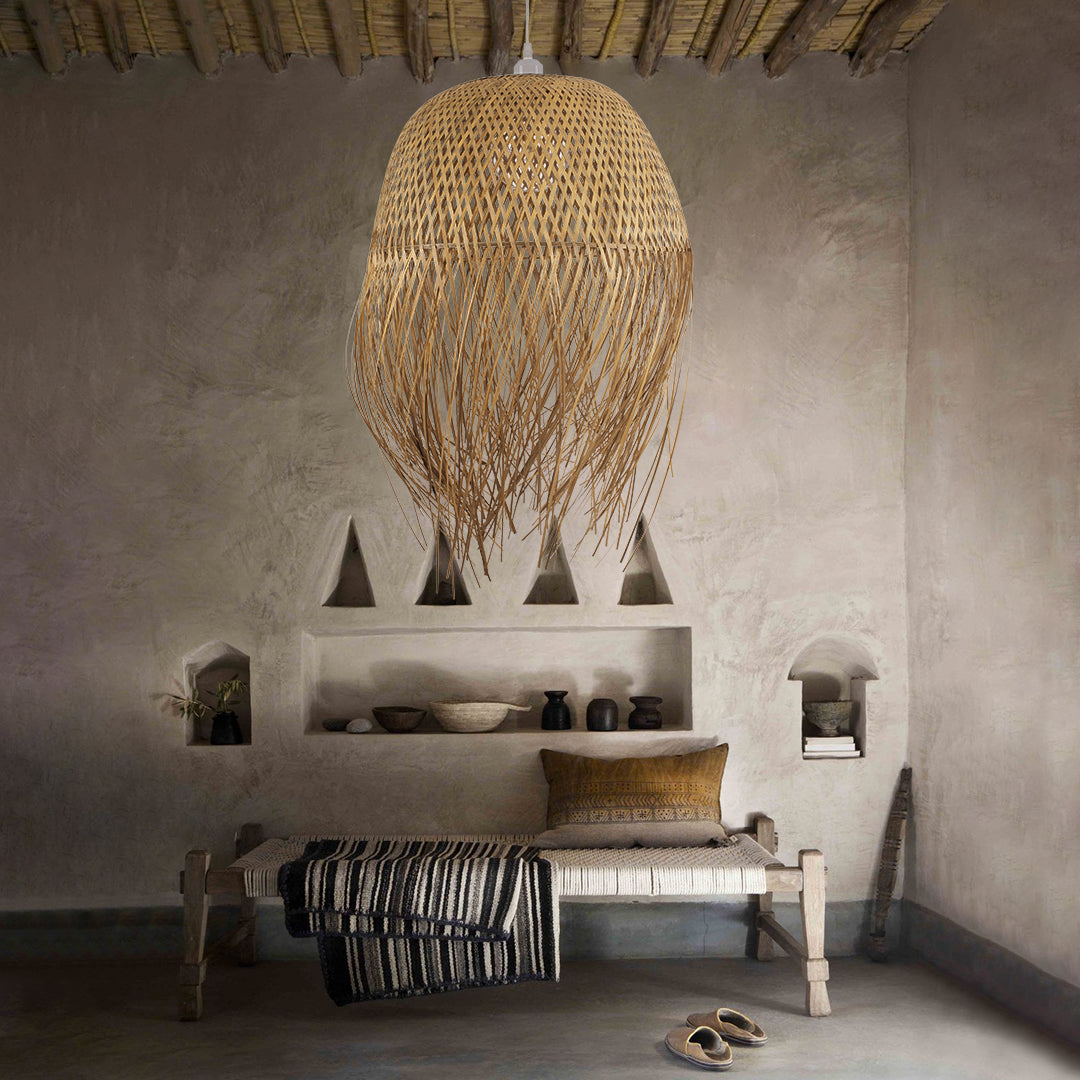 GloboStar® MANILA 00713 Boho Κρεμαστό Φωτιστικό Πλέγμα Μονόφωτο 1 x E27 IP20 Μπέζ Ξύλο - Μ50 x Π50 x Υ70cm - ledmania.gr