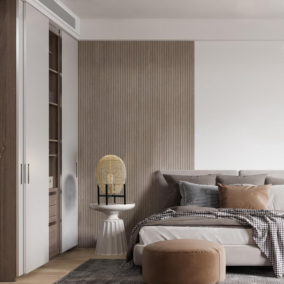 GloboStar® NERINA 02014 Boho Επιτραπέζιο Φωτιστικό Πορτατίφ Μονόφωτο 1 x E27 AC220-240V IP20 - Φ30 x Υ50cm - Μαύρο Μεταλλικό με Μπεζ Ρατάν Καπέλο Πλέγμα - ledmania.gr