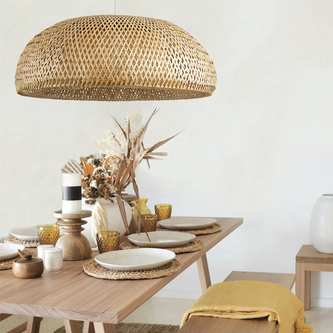GloboStar® SAN TROPEZ 00674 Boho Κρεμαστό Φωτιστικό Οροφής Μονόφωτο 1 x E27 Καφέ Ξύλινο Μπαμπού Φ80 x Υ28cm - ledmania.gr