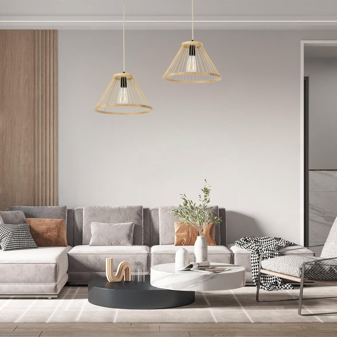 GloboStar® TYGEE 01930 Boho Κρεμαστό Φωτιστικό Πλέγμα Μονόφωτο 1 x E27 IP20 Μπεζ Ξύλο - Μ35 x Π35 x Υ22cm - ledmania.gr