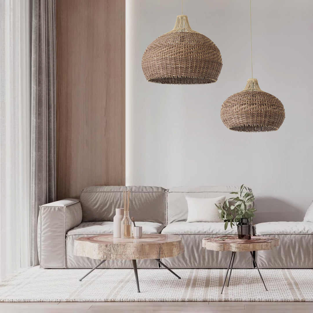 GloboStar® PANAMA 01952 Boho Κρεμαστό Φωτιστικό Καμπάνα Μονόφωτο 1 x E27 IP20 Καφέ & Μπεζ Ξύλο - Μ40 x Π40 x Υ34cm - ledmania.gr