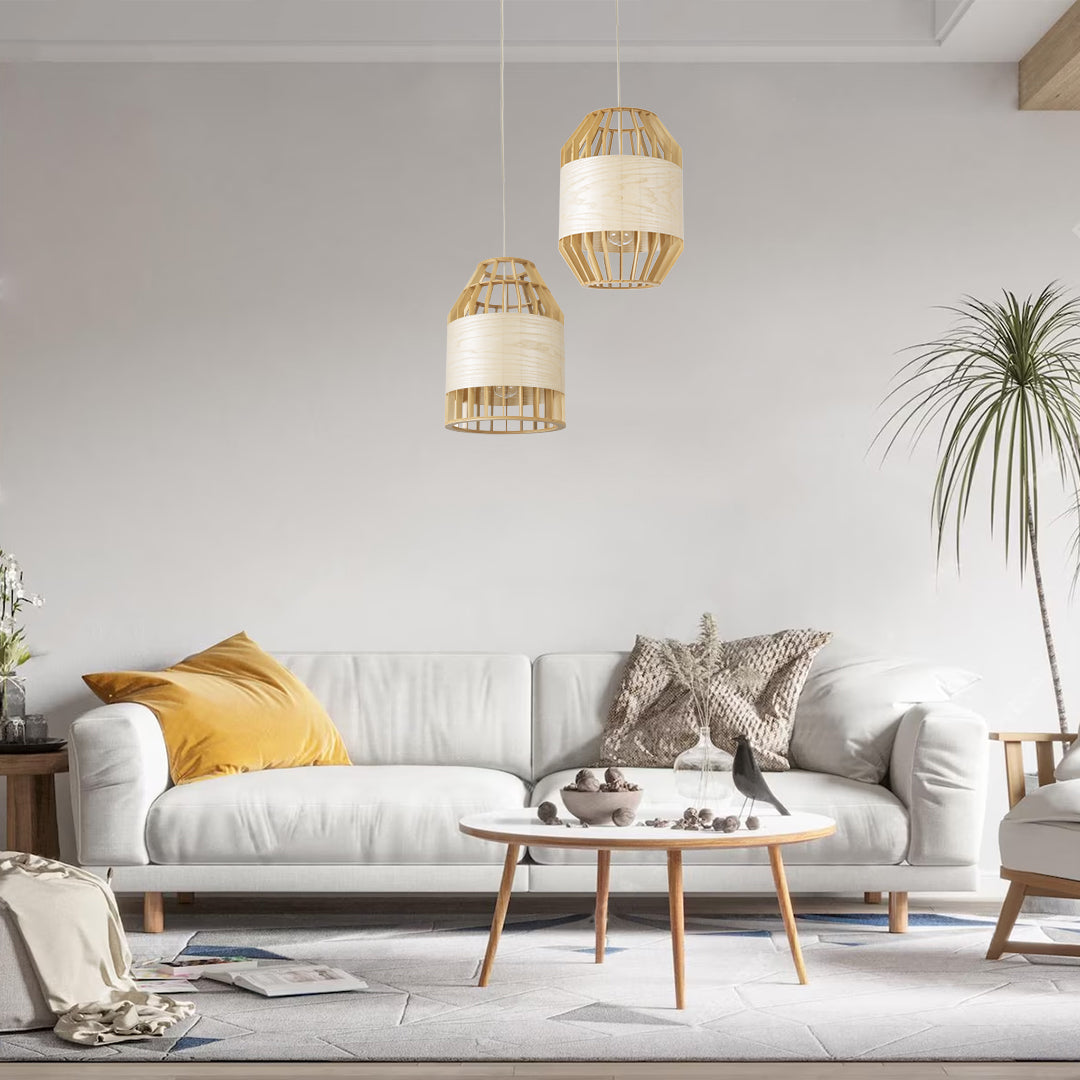 GloboStar® GALIA 02219 Boho Κρεμαστό Φωτιστικό Πλέγμα Μονόφωτο 1 x E27 IP20 Μπεζ & Καφέ Ξύλο - Μ30 x Π30 x Υ40cm - ledmania.gr