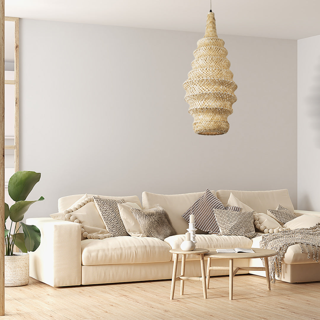GloboStar® MAUI 02114 Boho Κρεμαστό Φωτιστικό Πλέγμα Μονόφωτο 1 x E27 IP20 Μπεζ Ξύλο - Μ30 x Π30 x Y77cm - ledmania.gr