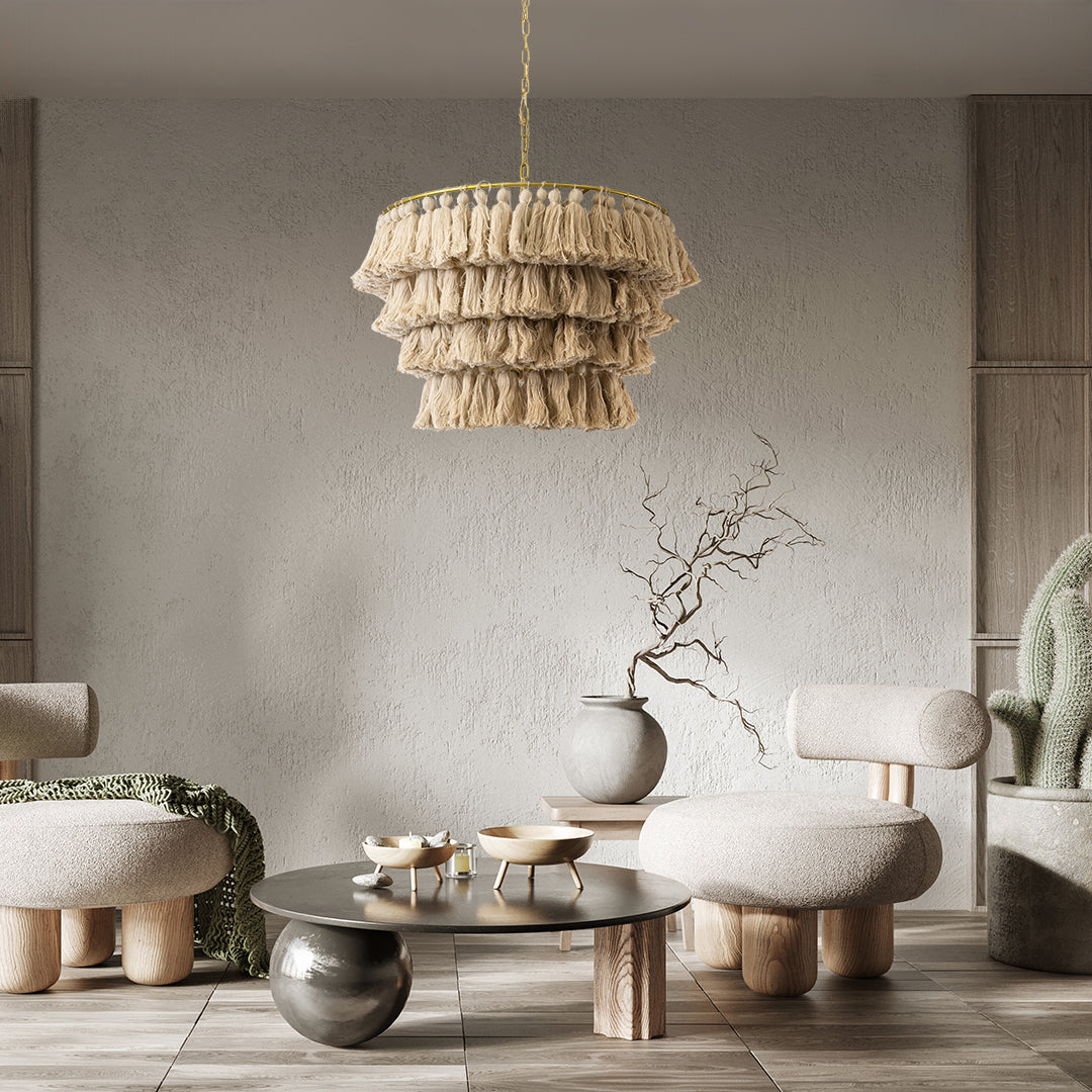GLOBOSTAR® MISSOULA 02088 Boho Κρεμαστό Φωτιστικό Οροφής με Ντουί 1 x E27 AC 220-240V IP20 - Μπεζ & Χρυσό - Μ60 x Π60 x Υ40cm