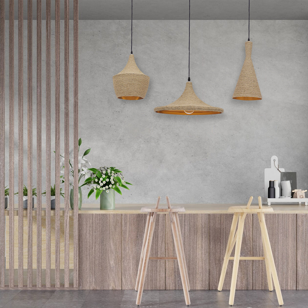 GloboStar® SHANGHAI ROPE 00875 Μοντέρνό Κρεμαστό Φωτιστικό Καμπάνα Σετ Τρίφωτο 3 x E27 IP20 Μπεζ Σχοινί με Χρυσό Μέταλλο - Μ81 x Π81 x Υ39cm - ledmania.gr