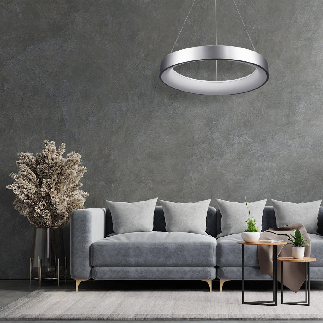 GloboStar® SALEM 61246 Κρεμαστή Πλαφονιέρα Οροφής Δαχτυλίδι-Κύκλος LED CCT 105W 12075lm 120° AC 220-240V - Εναλλαγή Φωτισμού μέσω Τηλεχειριστηρίου All In One Ψυχρό 6000k+Φυσικό 4500k+Θερμό 2700k Dimmable Φ60cm - Ασημί - 3 Years Warranty - ledmania.gr