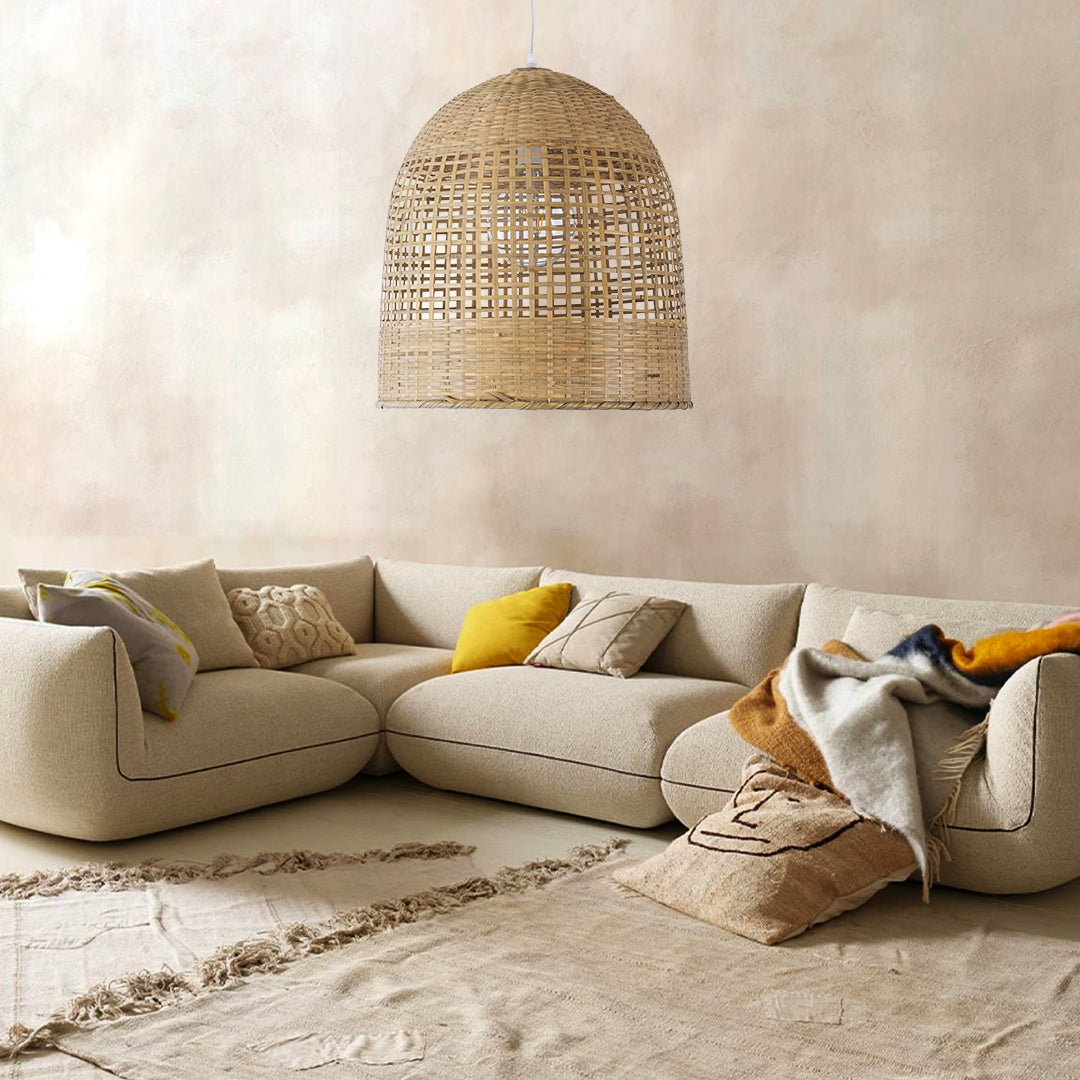 GloboStar® BORA-BORA 01735 Boho Κρεμαστό Φωτιστικό Καμπάνα Μονόφωτο 1 x E27 IP20 Μπεζ Ξύλο - Μ42 x Π42 x Y44cm - ledmania.gr