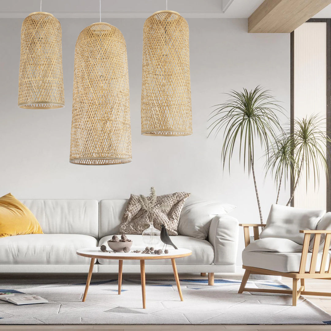 GloboStar® CALERO 01710 Boho Μοντέρνο Κρεμαστό Πλέγμα Μονόφωτο 1 x E27 IP20 Μπεζ Ξύλο - Μ25 x Π25 x Υ50cm - ledmania.gr