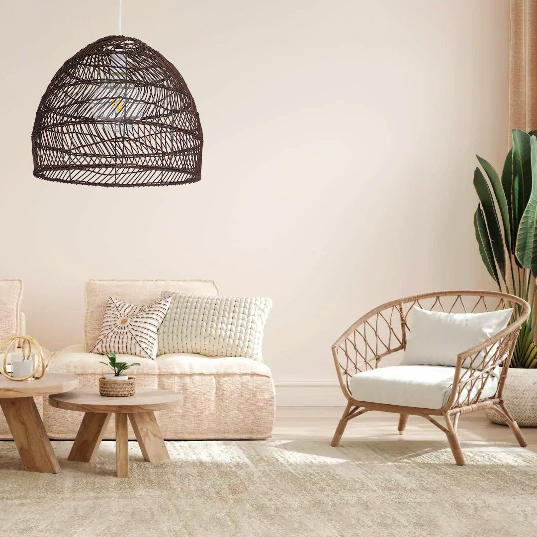 GloboStar® MALIBU 00970 Boho Κρεμαστό Φωτιστικό Πλέγμα Μονόφωτο 1 x E27 IP20 Καφέ Ξύλο - Μ40 x Π40 x Υ35cm - ledmania.gr