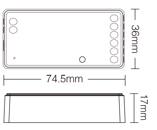 5 in 1 LED Controller (SW5) WiFi+2.4GHz dimensions illustration with measurements in mm.