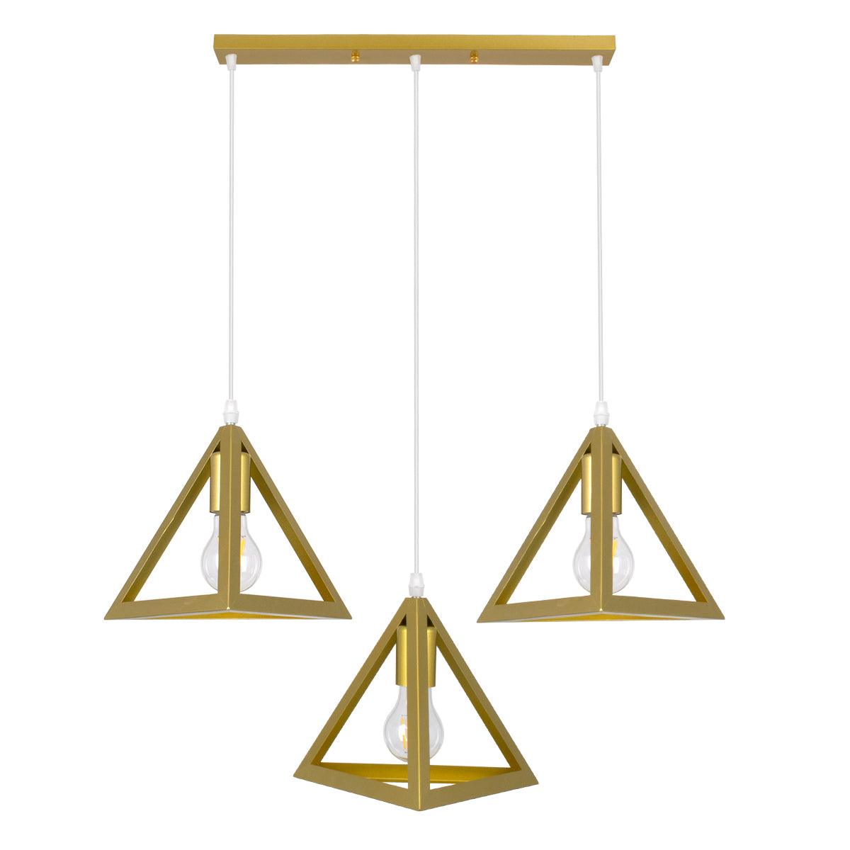 GloboStar® TRIANGLE 00625 Μοντέρνο Κρεμαστό Φωτιστικό Οροφής Τρίφωτο Χρυσό Μεταλλικό Πλέγμα Μ70 x Π22 x Y130cm - ledmania.gr