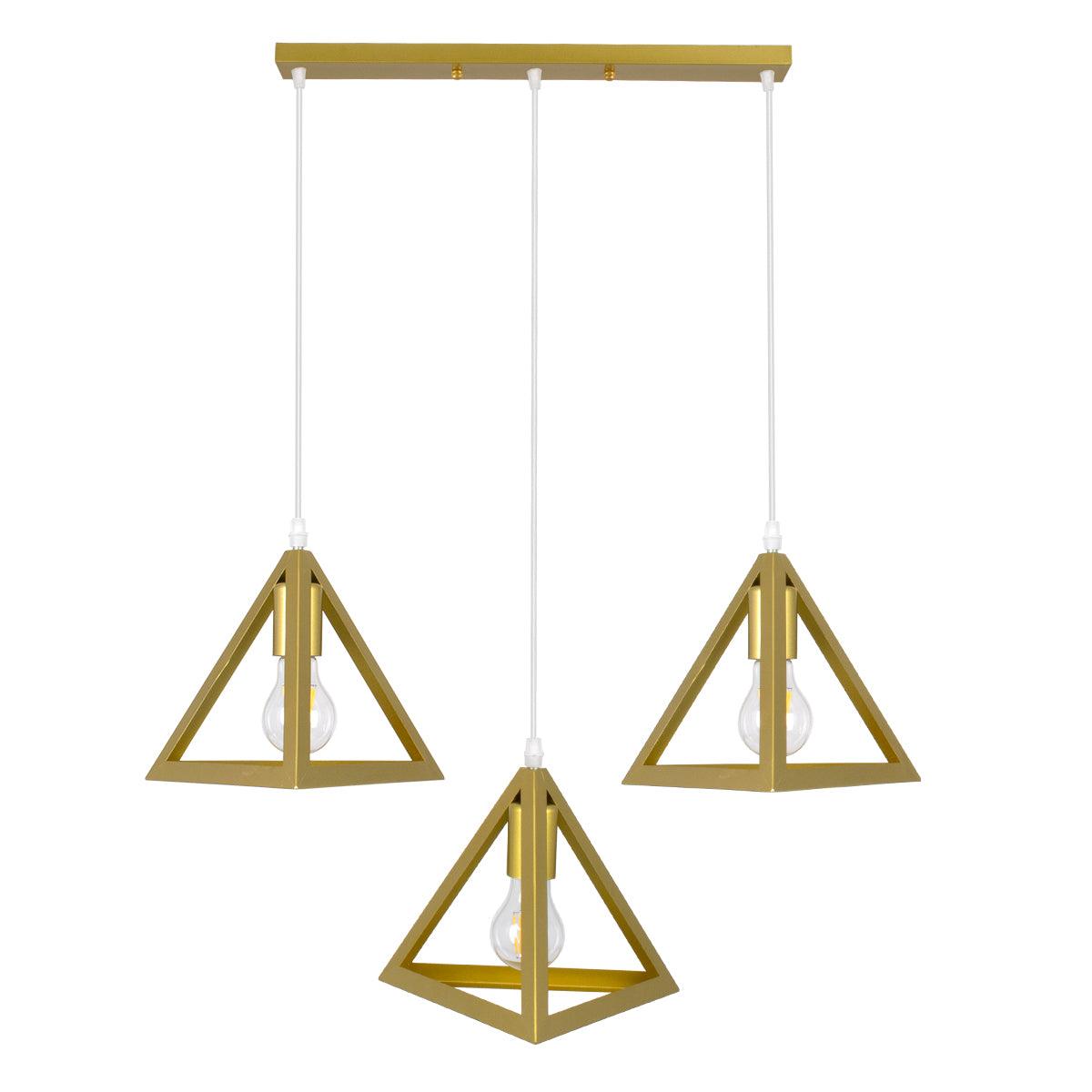 GloboStar® TRIANGLE 00625 Μοντέρνο Κρεμαστό Φωτιστικό Οροφής Τρίφωτο Χρυσό Μεταλλικό Πλέγμα Μ70 x Π22 x Y130cm - ledmania.gr