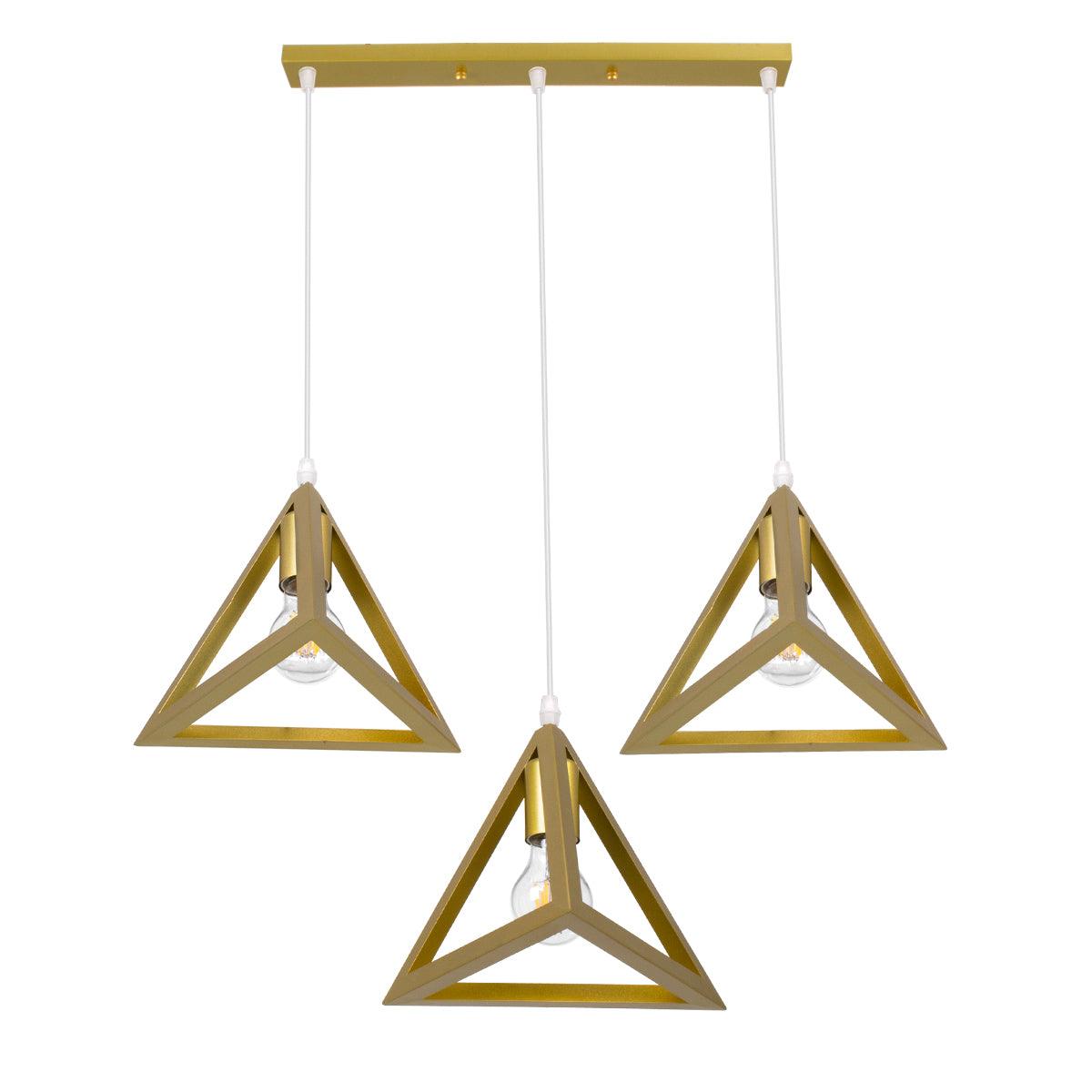 GloboStar® TRIANGLE 00625 Μοντέρνο Κρεμαστό Φωτιστικό Οροφής Τρίφωτο Χρυσό Μεταλλικό Πλέγμα Μ70 x Π22 x Y130cm - ledmania.gr