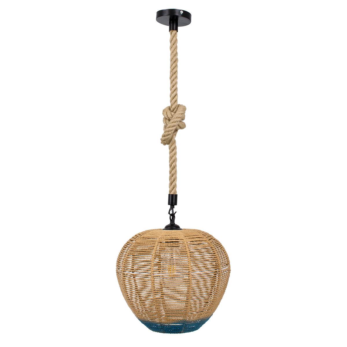 GloboStar® SIMON 00726 Vintage Κρεμαστό Φωτιστικό Οροφής Μονόφωτο Μπεζ - Μπλε Καμπάνα με Σχοινί Φ30 x Υ30cm - ledmania.gr