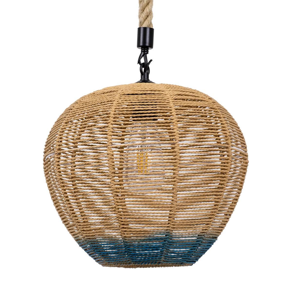 GloboStar® SIMON 00726 Vintage Κρεμαστό Φωτιστικό Οροφής Μονόφωτο Μπεζ - Μπλε Καμπάνα με Σχοινί Φ30 x Υ30cm - ledmania.gr
