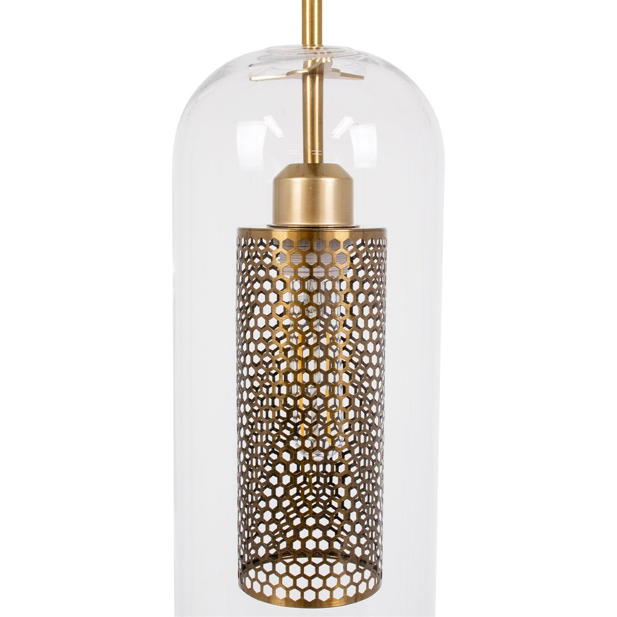 GloboStar® AVERY 00741 Μοντέρνο Κρεμαστό Φωτιστικό Οροφής Μονόφωτο Διάφανο Γυάλινο με Χρυσό Μεταλλικό Πλέγμα Φ15 x Υ60cm - ledmania.gr
