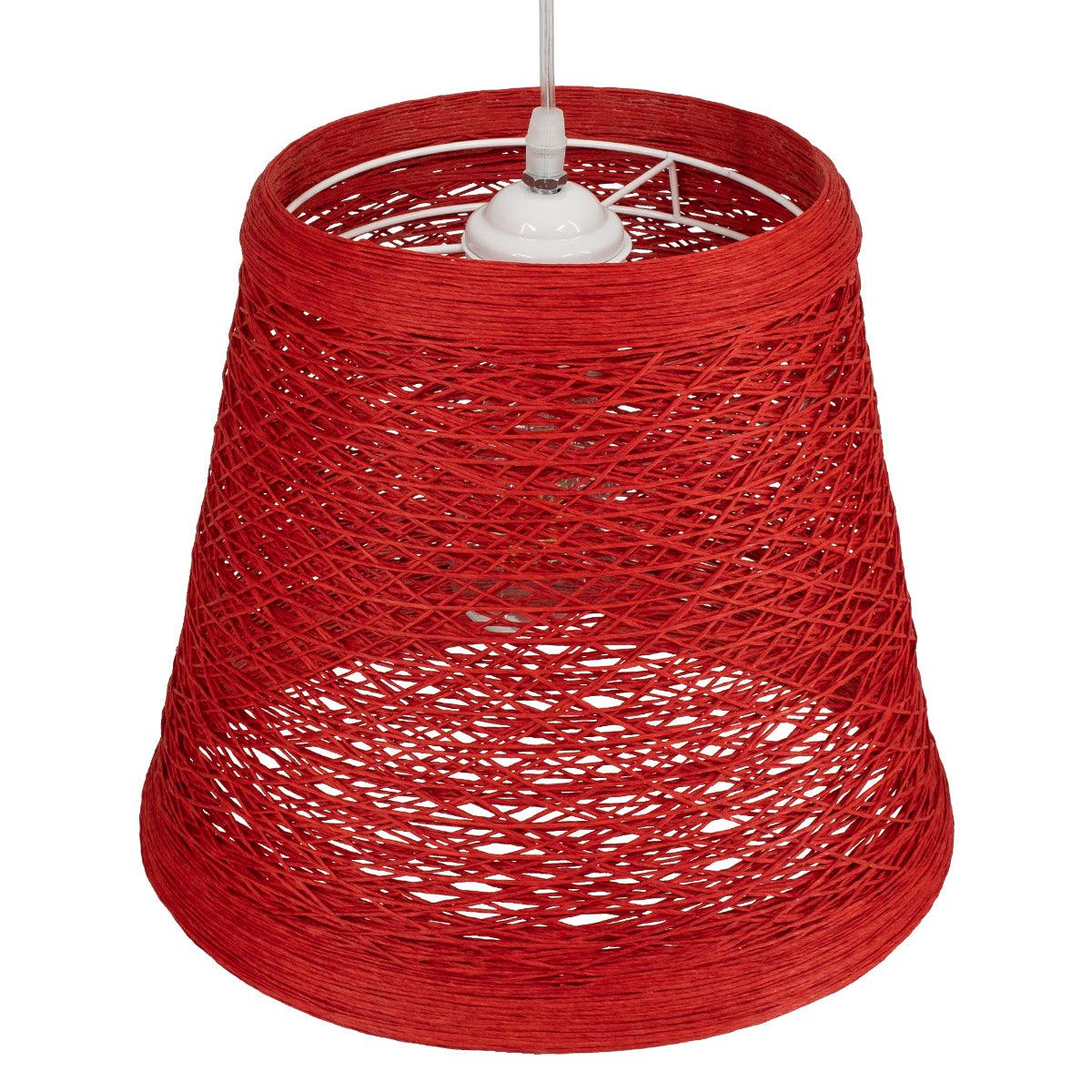 GloboStar® PLAYROOM 00863 Vintage Κρεμαστό Φωτιστικό Οροφής Μονόφωτο Κόκκινο Ξύλινο Ψάθινο Rattan Φ32 x Υ27cm - ledmania.gr