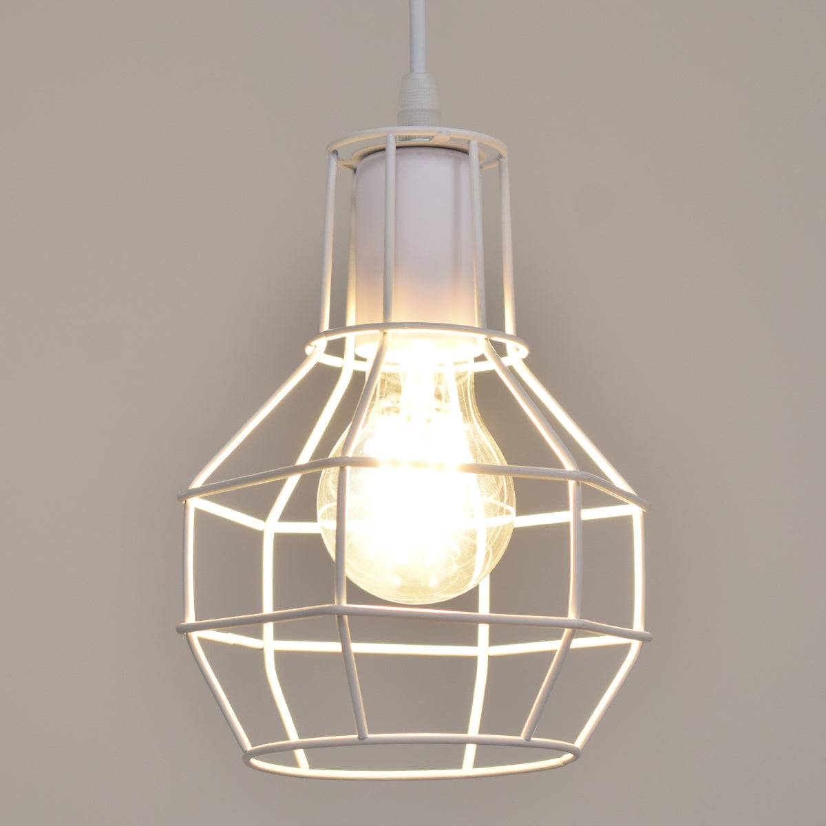 GloboStar® CAGE 00867 Vintage Industrial Κρεμαστό Φωτιστικό Οροφής Μονόφωτο Λευκό Μεταλλικό Πλέγμα Φ15 x Y22cm - ledmania.gr