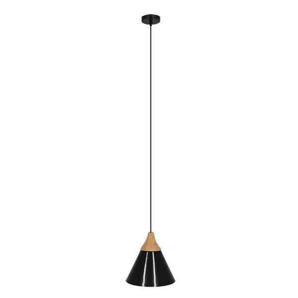 GloboStar® SHADE 00906 Μοντέρνο Κρεμαστό Φωτιστικό Οροφής Μονόφωτο Μαύρο Μεταλλικό με Ξύλο Καμπάνα Φ23 x Υ22cm - ledmania.gr