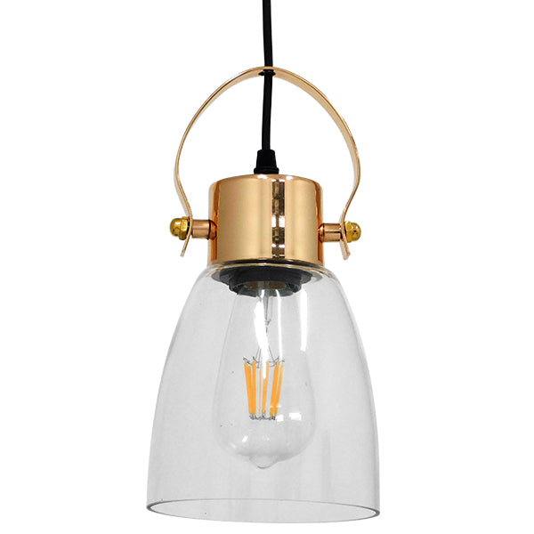 GloboStar® JAVER 00934 Vintage Κρεμαστό Φωτιστικό Οροφής Μονόφωτο Διάφανο Γυάλινο Καμπάνα με Χρυσό Ντουί Φ14 x Υ27cm - ledmania.gr