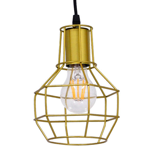 GloboStar® CAGE 00950 Vintage Industrial Κρεμαστό Φωτιστικό Οροφής Μονόφωτο Χρυσό Μεταλλικό Πλέγμα Φ15 x Y22cm - ledmania.gr