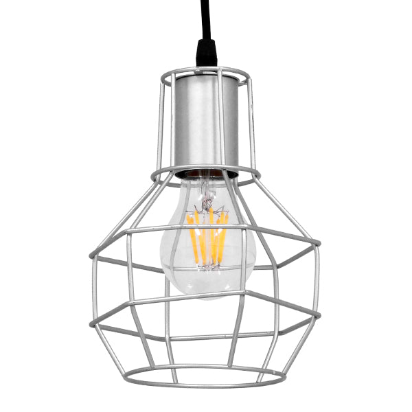GloboStar® CAGE 00951 Vintage Industrial Κρεμαστό Φωτιστικό Οροφής Μονόφωτο Ασημί Μεταλλικό Πλέγμα Φ15 x Y22cm - ledmania.gr