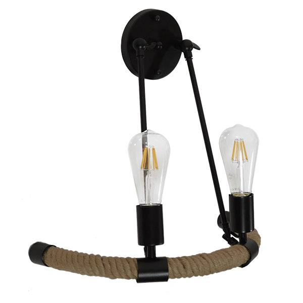 GloboStar® CROWN 01002 Vintage Industrial Φωτιστικό Τοίχου Απλίκα Δίφωτο Μαύρο Μεταλλικό με Μπεζ Σχοινί Μ21.5 x Π41 x Υ47cm - ledmania.gr