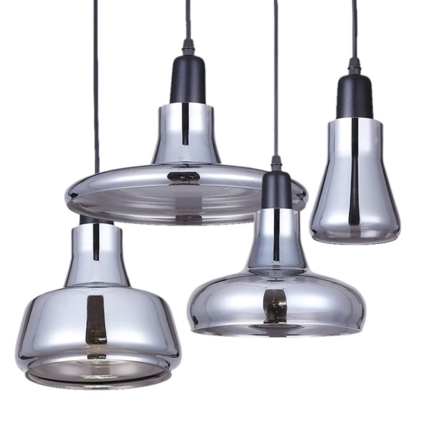GloboStar® FEMINE 01011 SET 4 Μοντέρνα Κρεμαστά Φωτιστικά Οροφής Γυάλινα Φιμέ Χρωμίου Μονόφωτα Καμπάνα - ledmania.gr