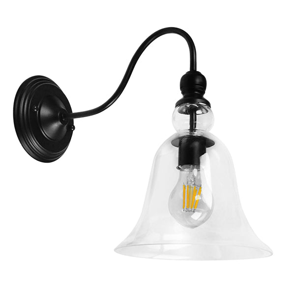 GloboStar® LILLY 01064 Vintage Φωτιστικό Τοίχου Απλίκα Μονόφωτο Μαύρο Μεταλλικό με Γυάλινη Καμπάνα Φ14 x Μ21 x Π14 x Υ36cm - ledmania.gr
