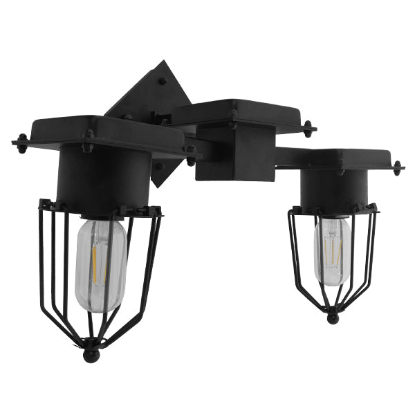 GloboStar® TORO 01079 Vintage Industrial Φωτιστικό Τοίχου Απλίκα Δίφωτο Μαύρο Μεταλλικό Πλέγμα Μ22 x Π45 x Υ27cm - ledmania.gr