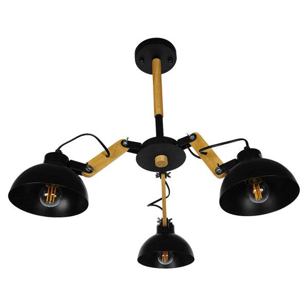 GloboStar® OLD SCHOOL 01093 Μοντέρνο Industrial Φωτιστικό Οροφής Τρίφωτο Μαύρο Μεταλλικό με Φυσικό Ξύλο Καμπάνα Φ75 x Y38cm - ledmania.gr