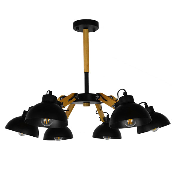 GloboStar® OLD SCHOOL 01094 Μοντέρνο Φωτιστικό Οροφής Πολύφωτο Μαύρο Μεταλλικό με Φυσικό Ξύλο Καμπάνα Φ75 x Y38cm - ledmania.gr
