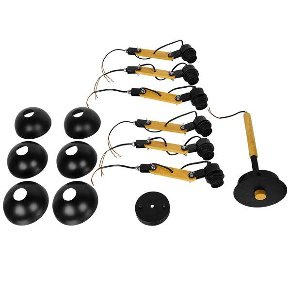 GloboStar® OLD SCHOOL 01094 Μοντέρνο Φωτιστικό Οροφής Πολύφωτο Μαύρο Μεταλλικό με Φυσικό Ξύλο Καμπάνα Φ75 x Y38cm - ledmania.gr