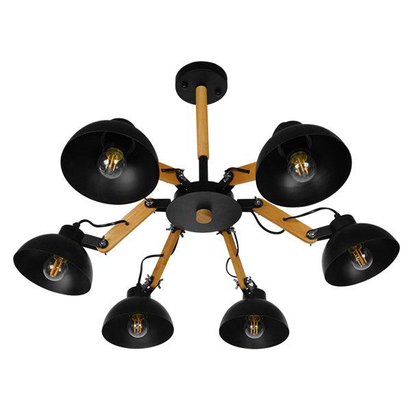 GloboStar® OLD SCHOOL 01094 Μοντέρνο Φωτιστικό Οροφής Πολύφωτο Μαύρο Μεταλλικό με Φυσικό Ξύλο Καμπάνα Φ75 x Y38cm - ledmania.gr